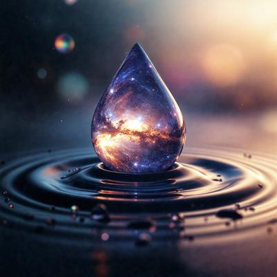 The primary subject of the image is a blue, glowing, and shiny drop of water. The setting is a dark, starry background, which adds to the overall mood of the image. The visual style is a combination of photo and digital art, creating a unique and captivating scene. The colors and mood of the image are predominantly dark and mysterious, with the blue drop of water standing out as the focal point.